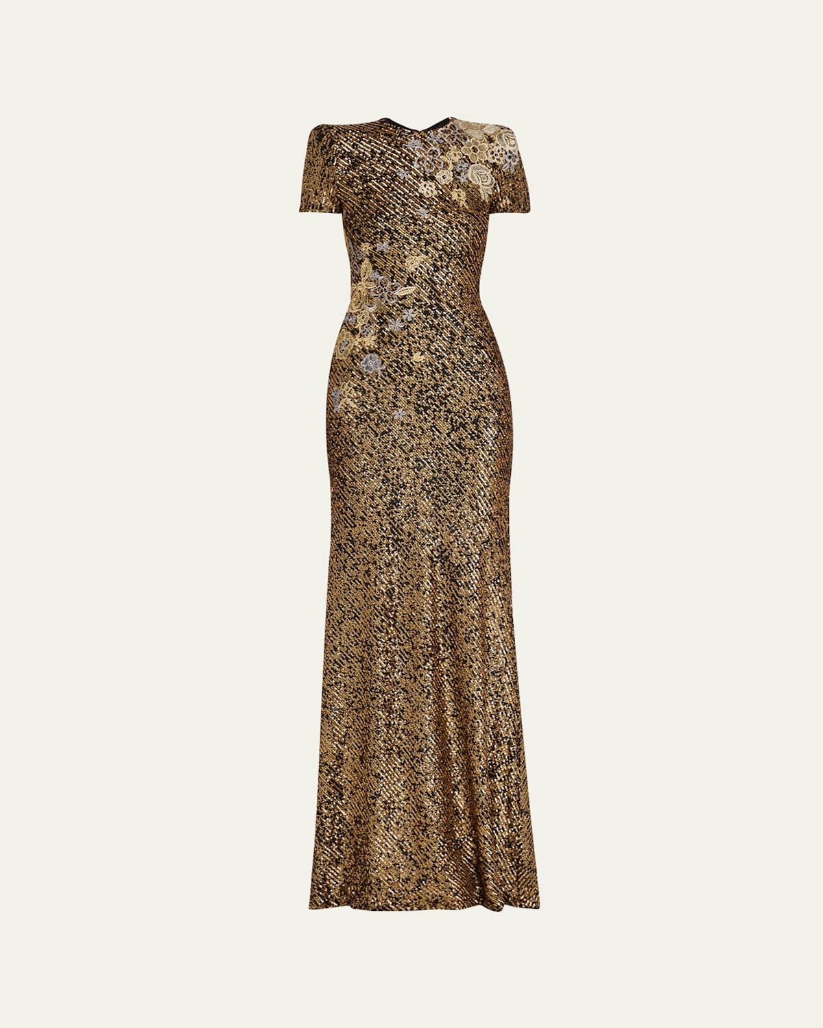 Naeem Khan Floral Embroidered Short-sleeve Stretch Sequin Gown In Gold