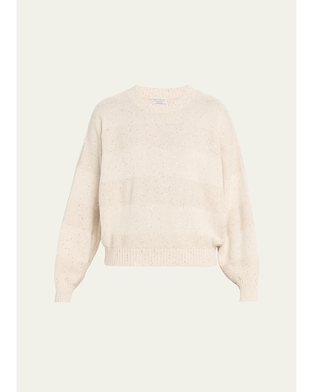Linen-Cotton Pailette Striped Crewneck Sweater