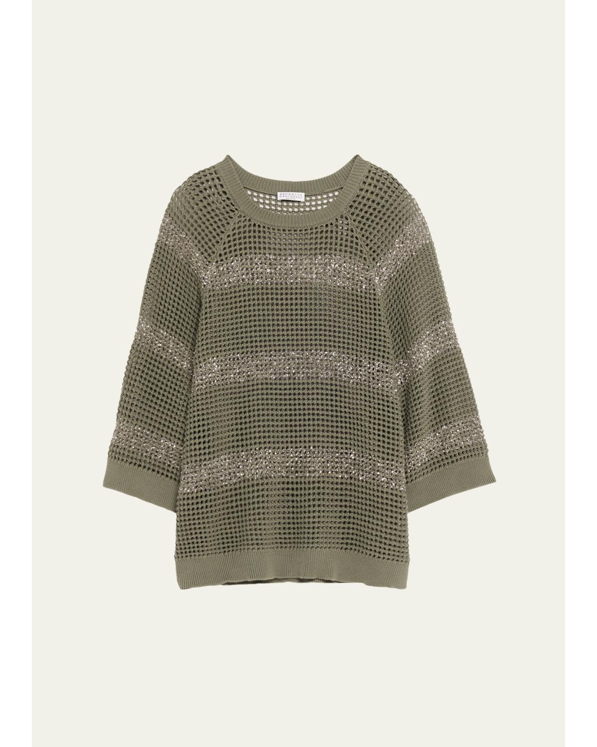 Water Reflection Pailette Striped Open Knit Sweater