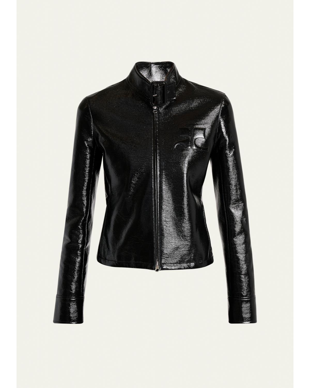 Buckle-Collar Shiny Vinyl Zipped Jacket