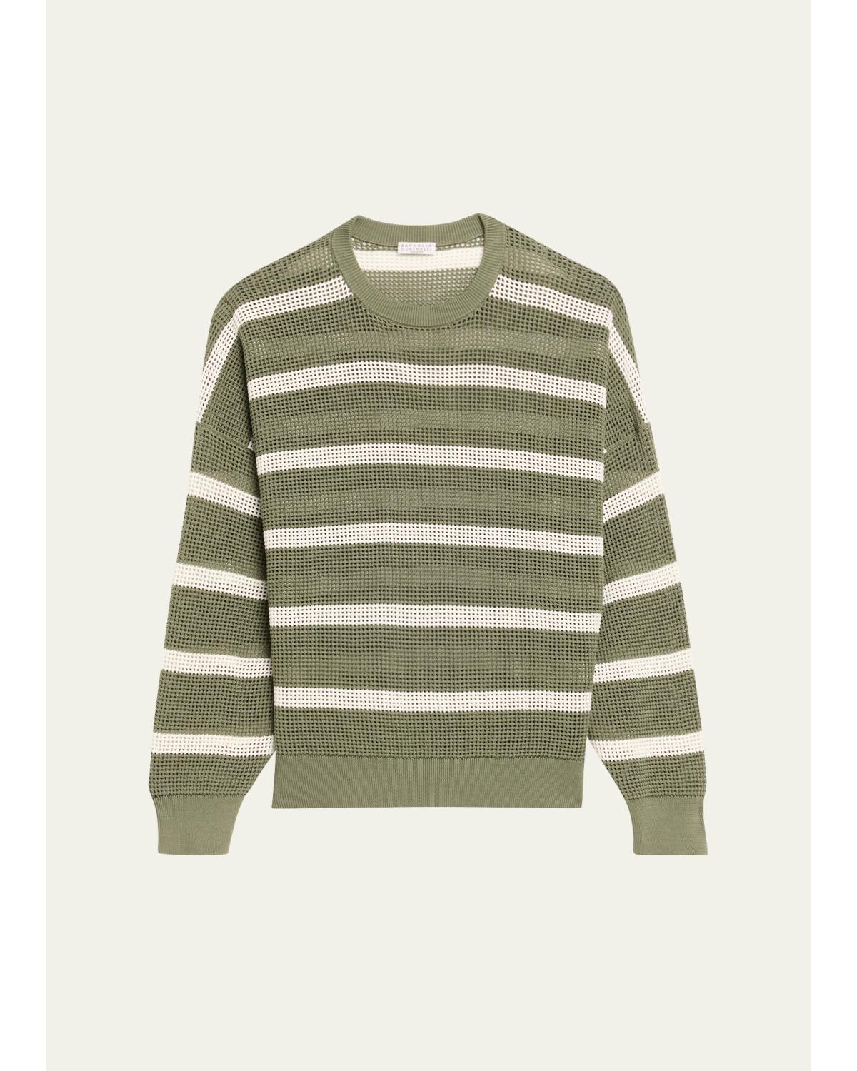 Striped Micronet Knit Crewneck Sweater