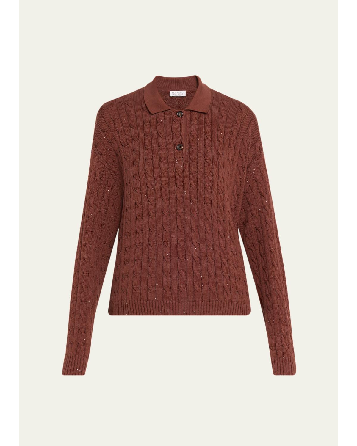 Paillette Cable Knit Long-Sleeve Polo Sweater
