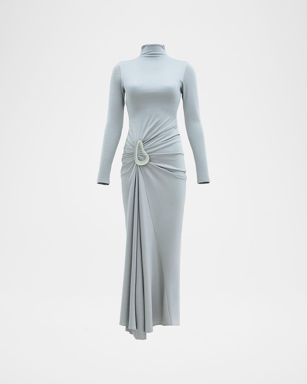 Venus Mock-Neck Draped Backless Ankle Dress