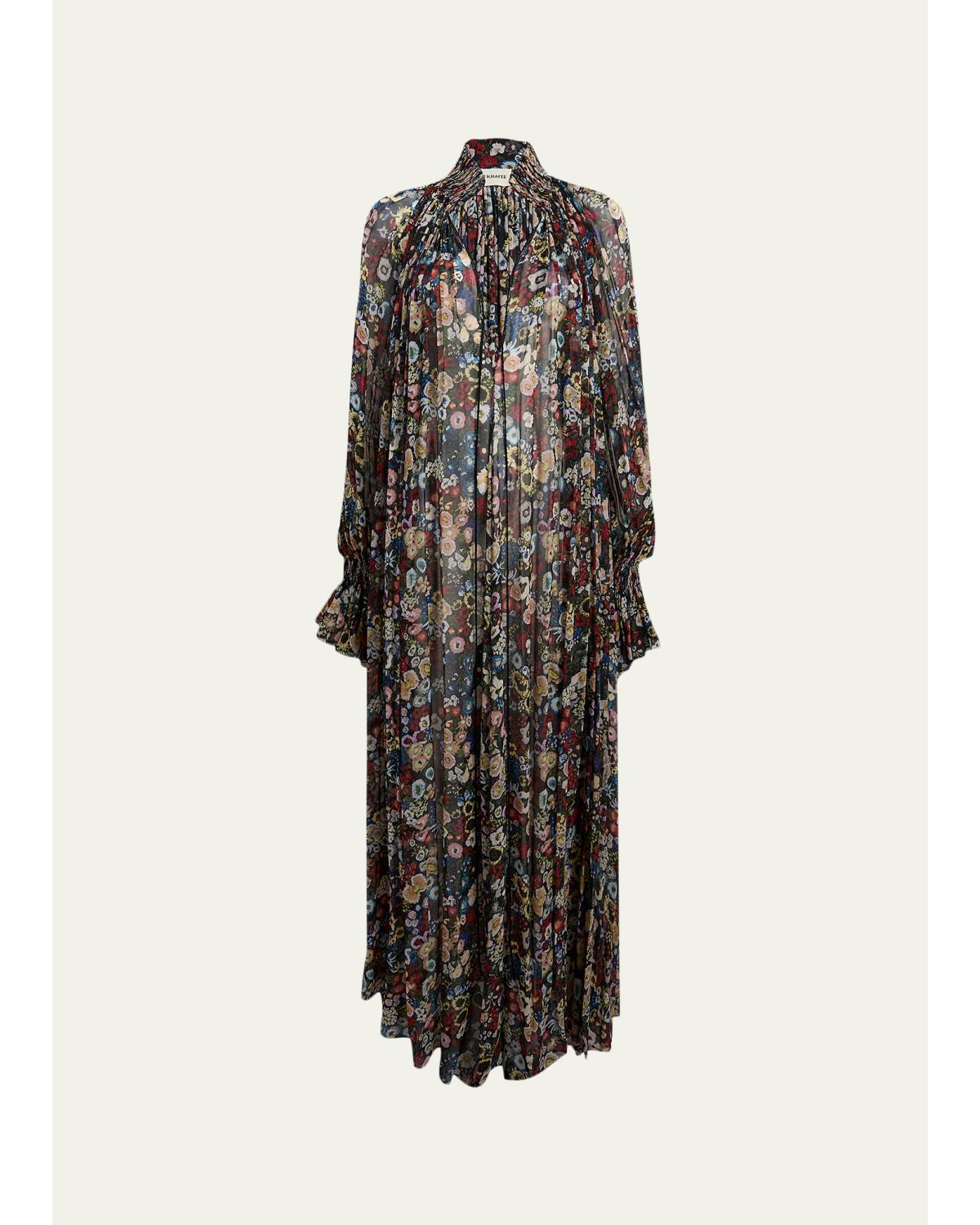 Edgar Plunging Floral Silk Maxi Peasant Dress