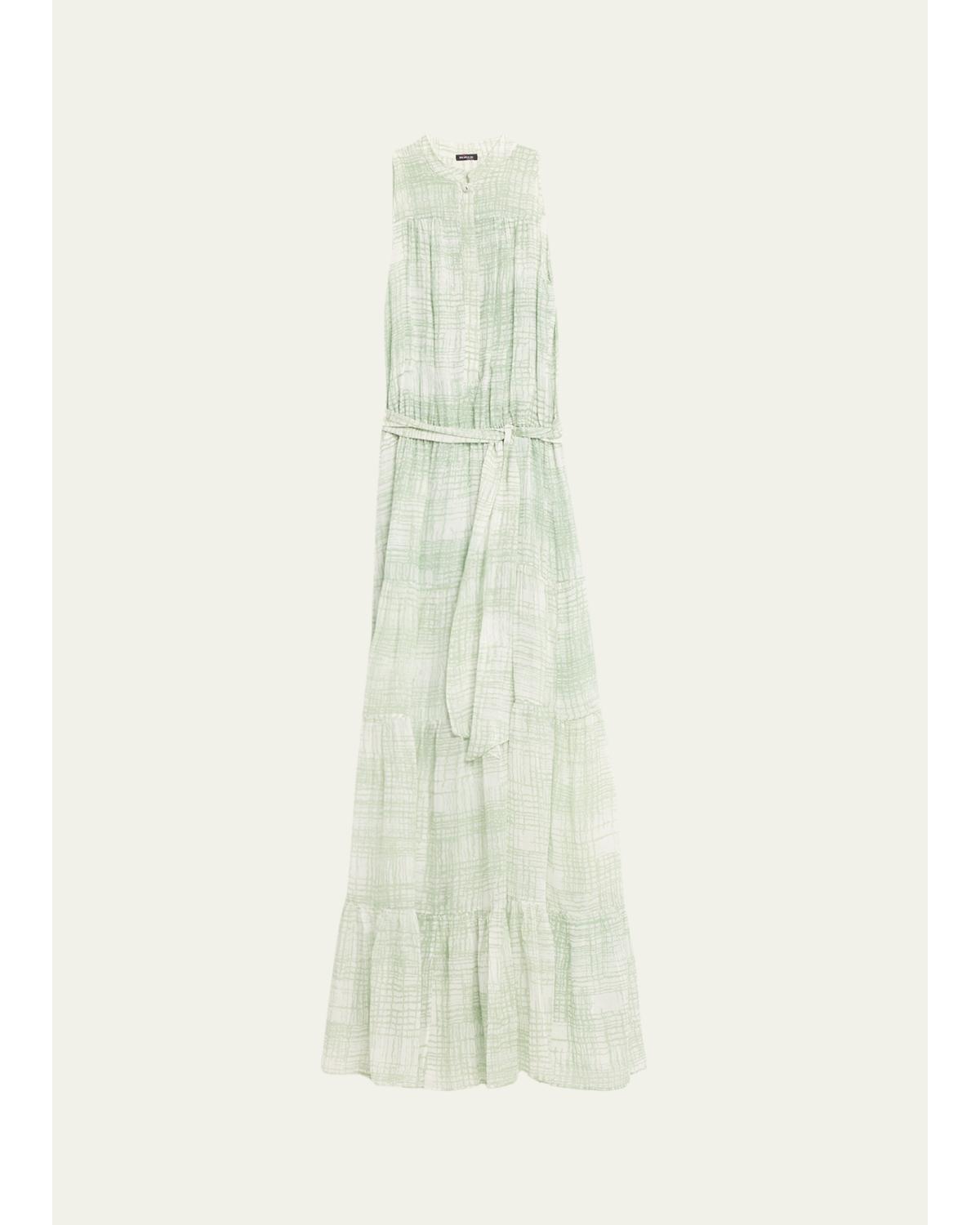 Check Silk Tie-Waist Tiered Maxi Dress