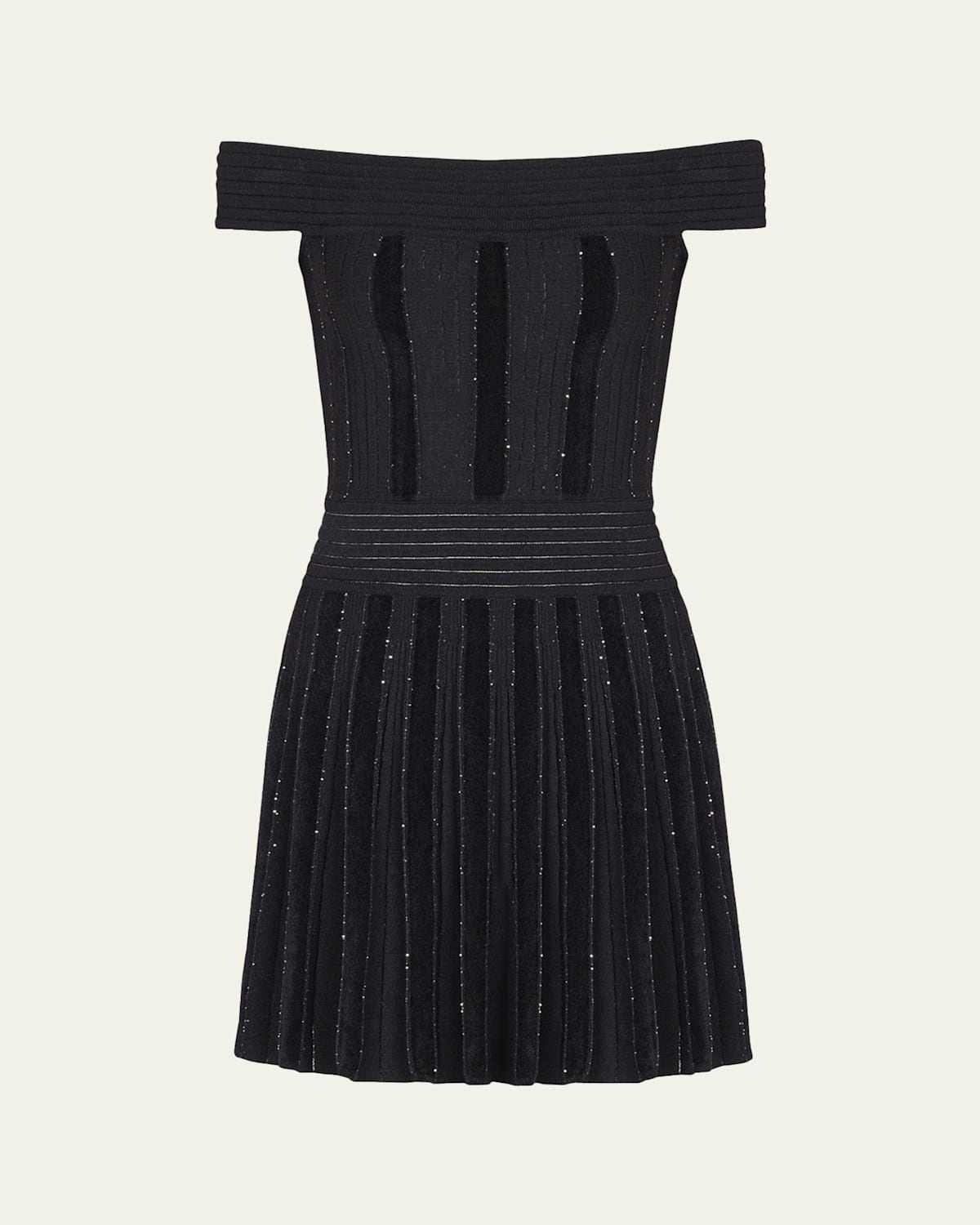 Balmain Off-the-shoulder Metallic Velvet Pleated Knit Mini Dress In Black