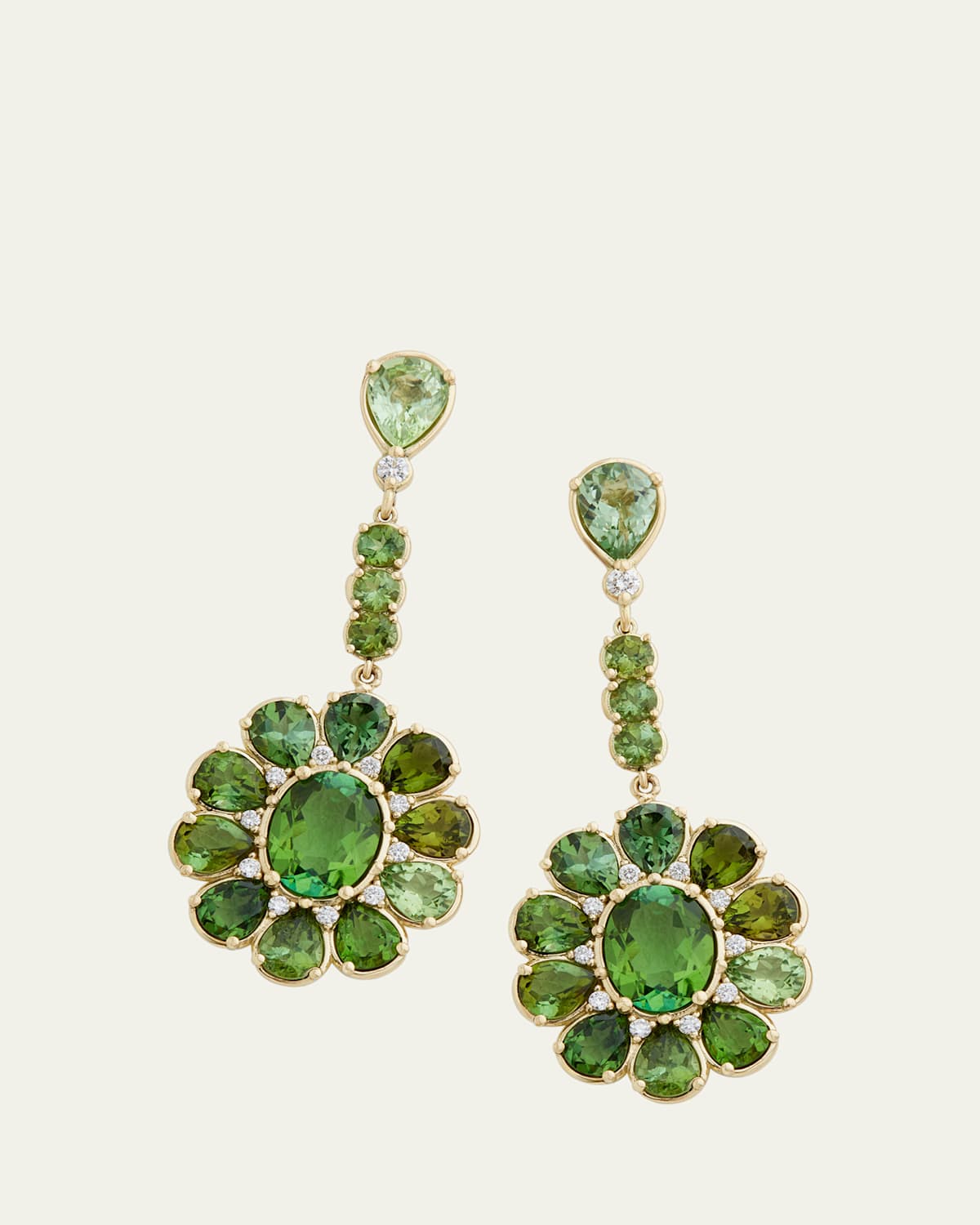 Jamie Wolf 18K Yellow Gold Floral Oval and Pear Shape Earrings with Green Tourmaline and Diamonds
