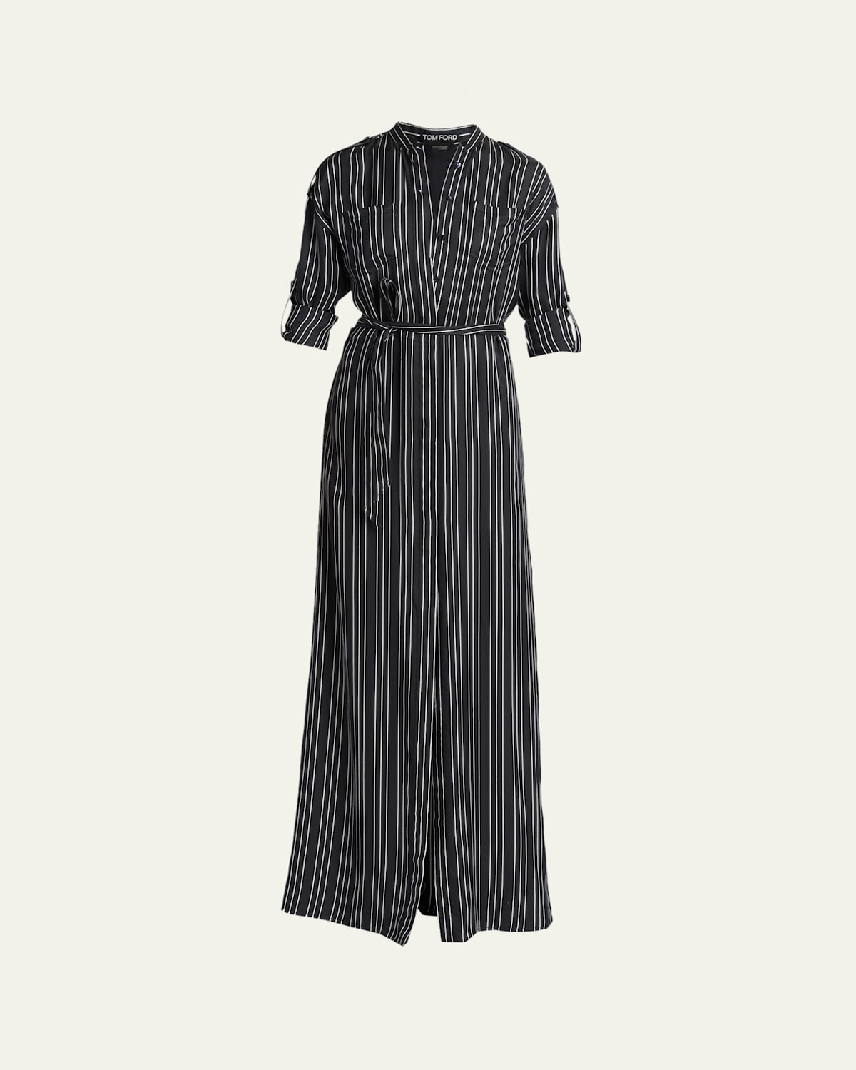 Tom Ford Striped Silk Long-sleeve Belted Maxi Shirtdress In Black
