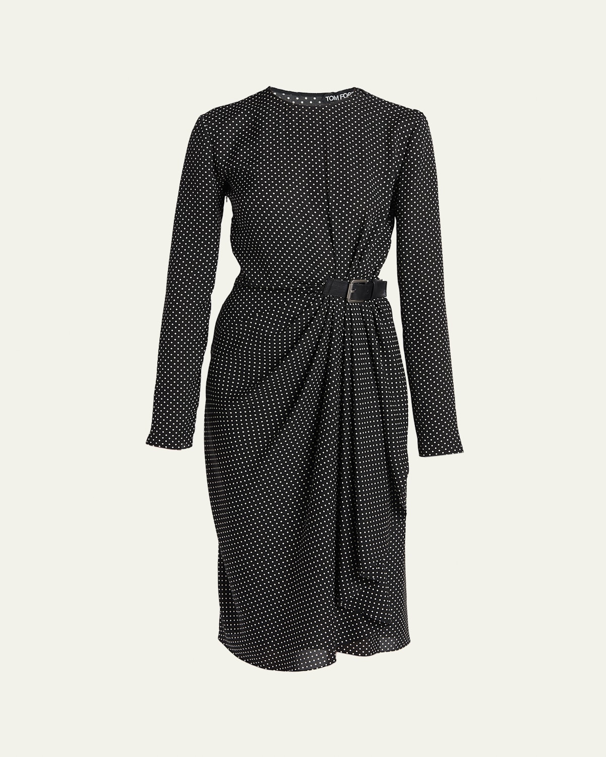 Tom Ford Polka Dot Silk Gathered Buckle Midi Dress In Black