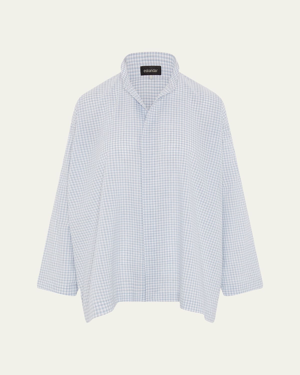 Eskandar Slim A-line Shirt With Double Stand Collar And Stepped Insert (long Length) In White