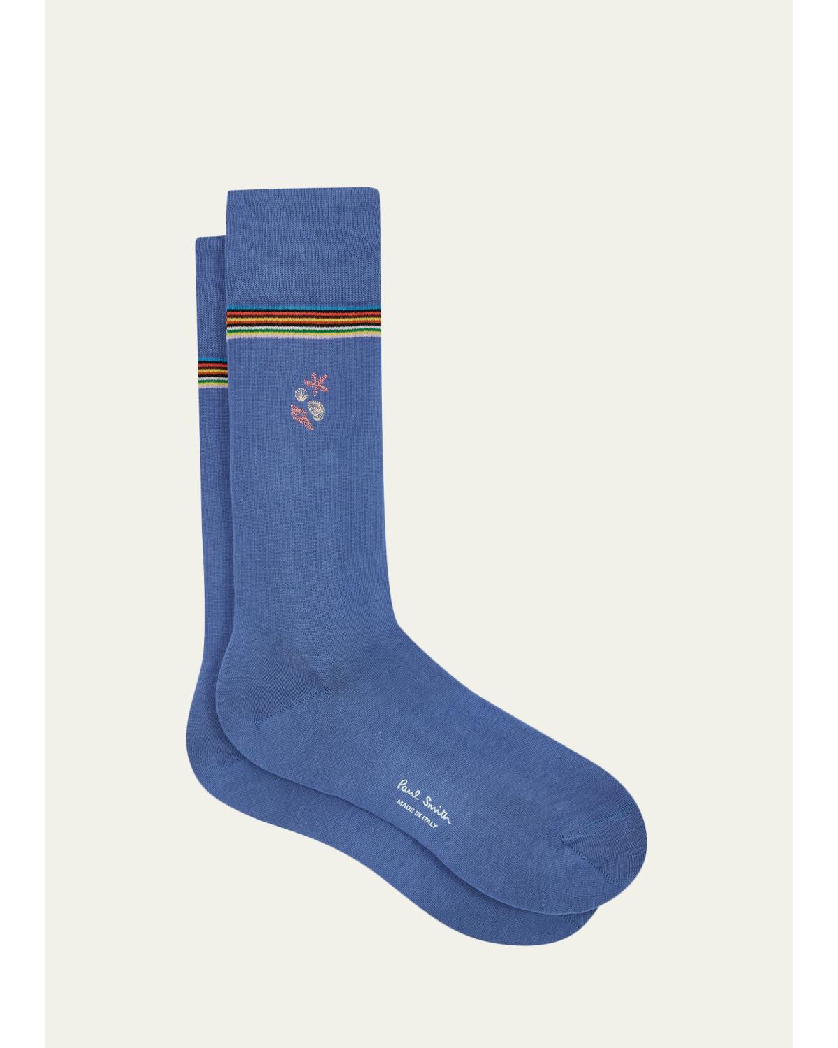 Men'S Artist Stripe & Embroidered Shells Crew Socks