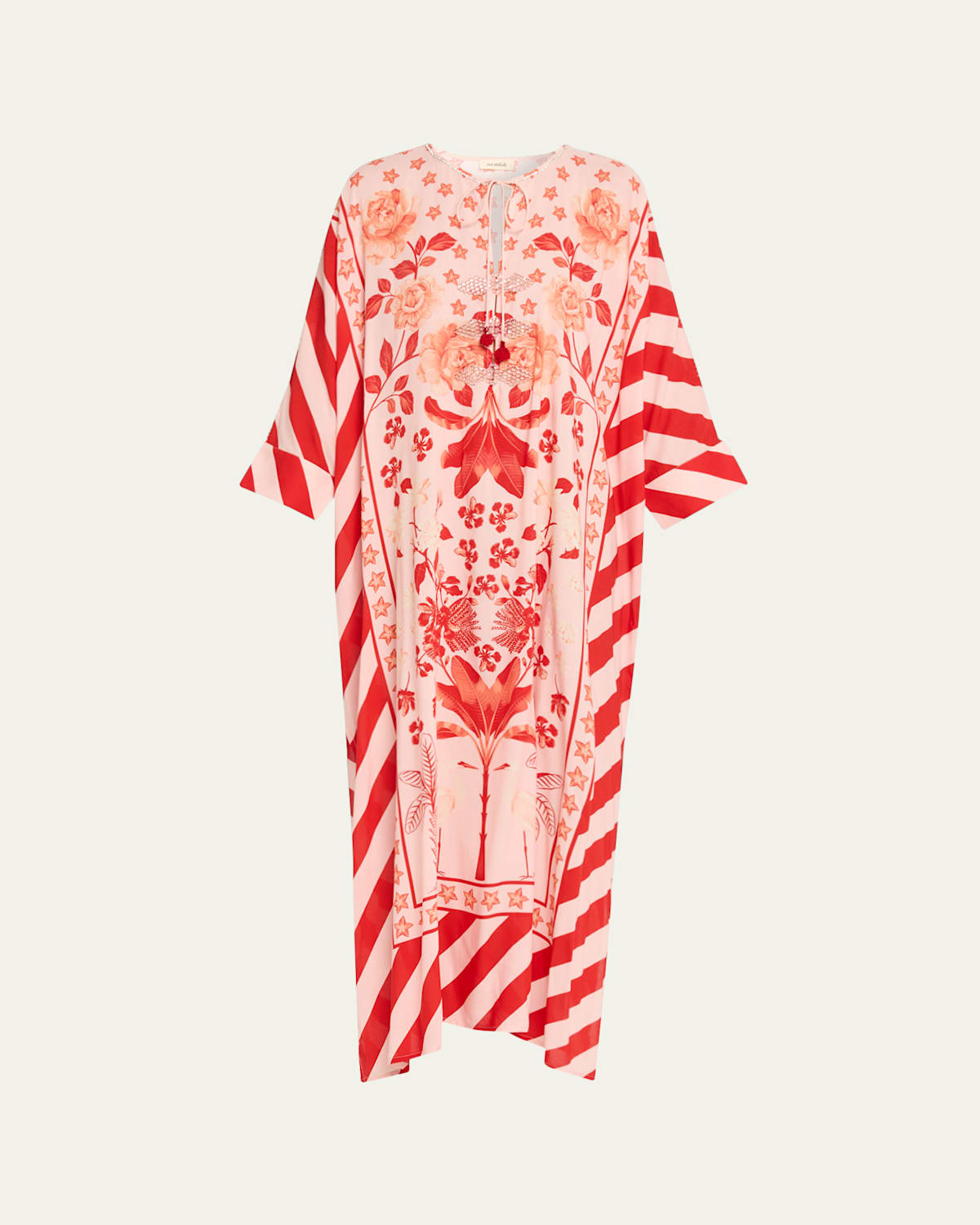 Verandah Peonies Studded Batwing Kaftan In Red