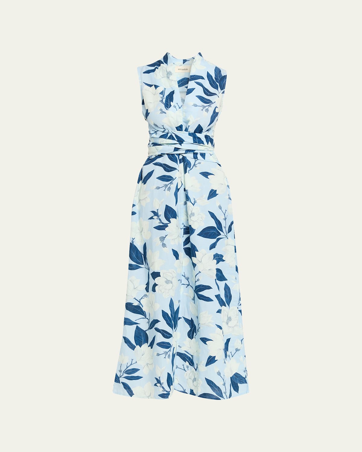 Verandah Hand-draped Linen-cotton Midi Dress In Blue