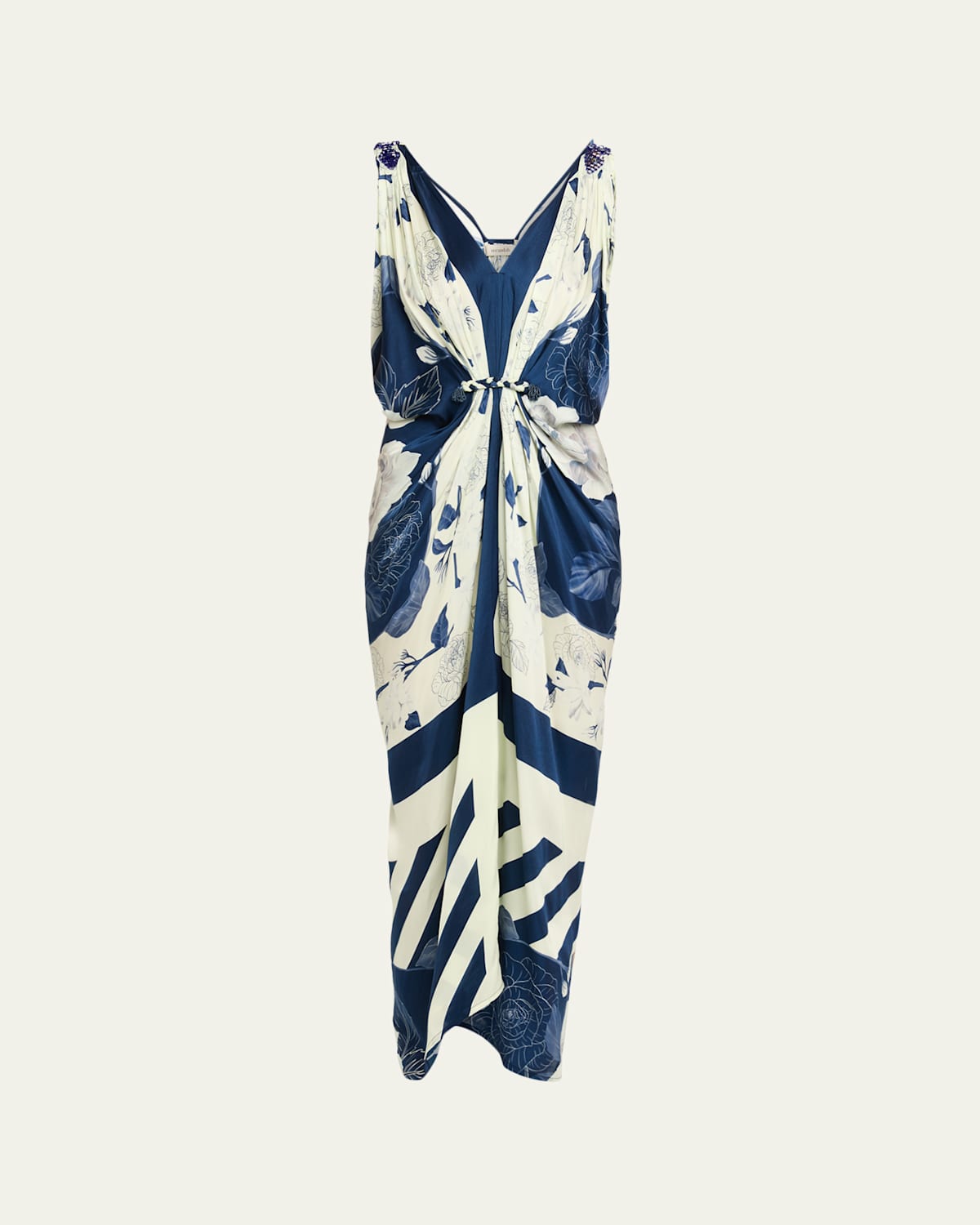 Verandah Floral Striped Hand-draped Gown In Blue