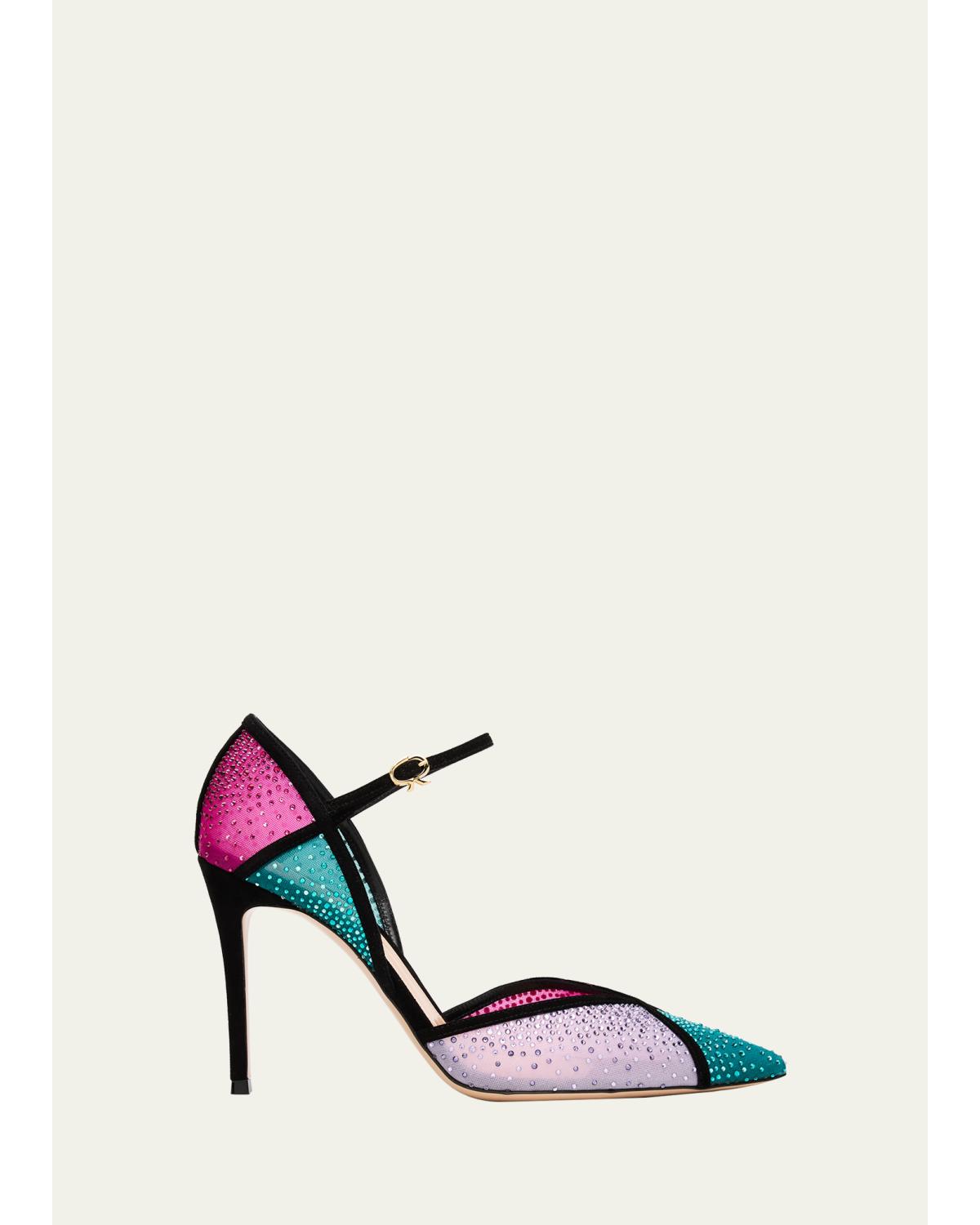 95mm Suede-Trimmed Crystal-Embellished Mesh Pumps