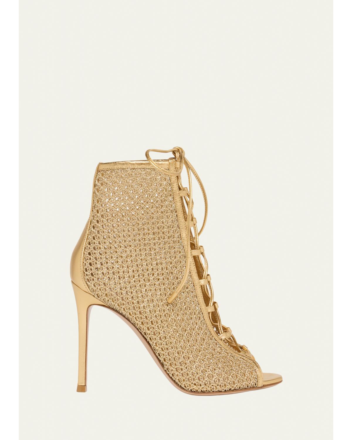 105mm Metallic Leather and Mesh Lace-Up Booties