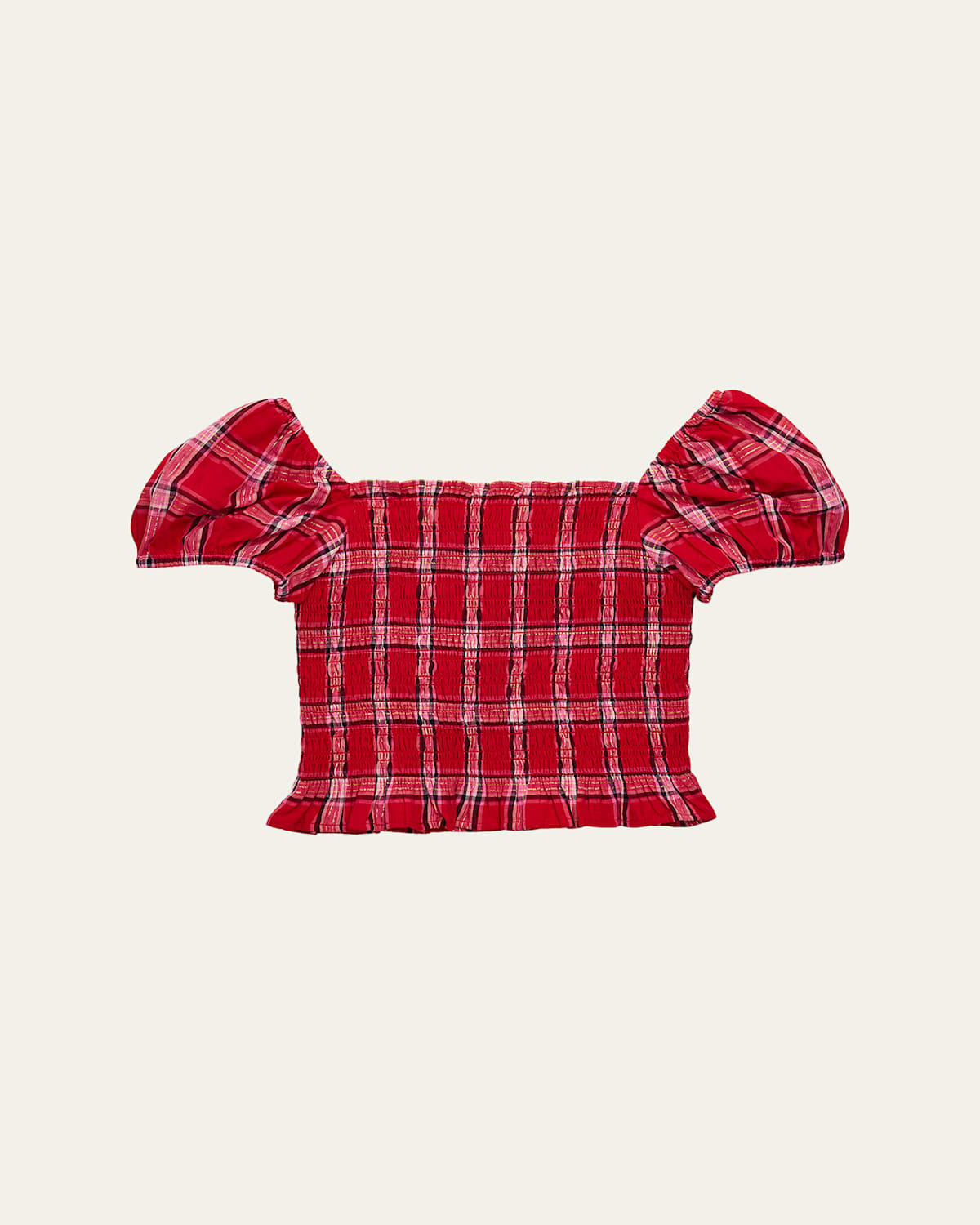 Loveshackfancy Kids' Girl's Tween Fabielle Smocked Tartan Top In Red