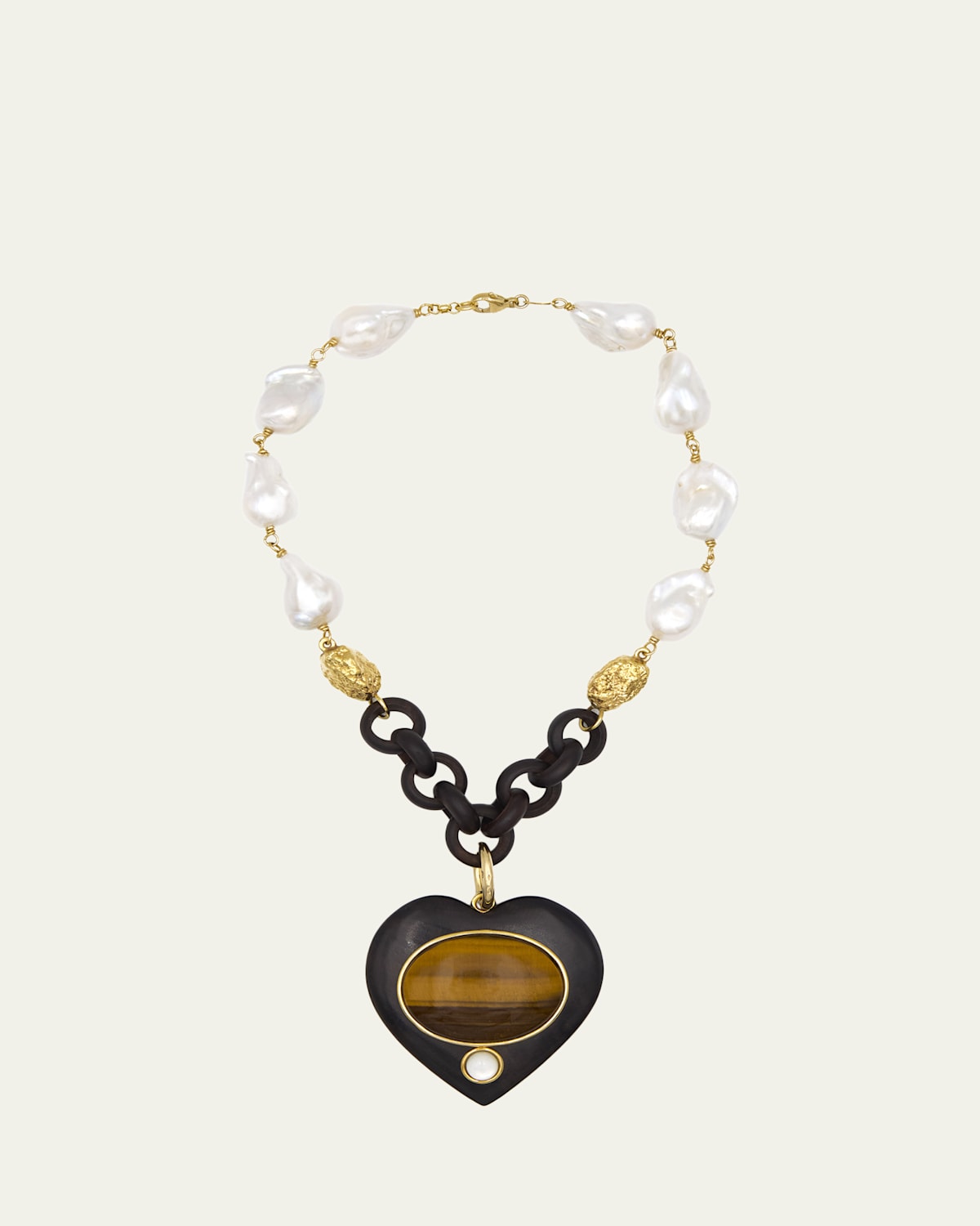 Grazia And Marica Vozza Ebony and Pearl Necklace with Tiger's Eye Heart
