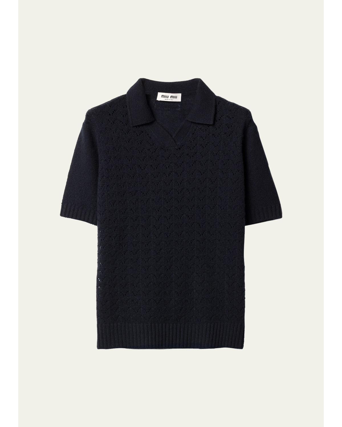 Pointelle Cashmere Knit Short-Sleeve Polo Sweater