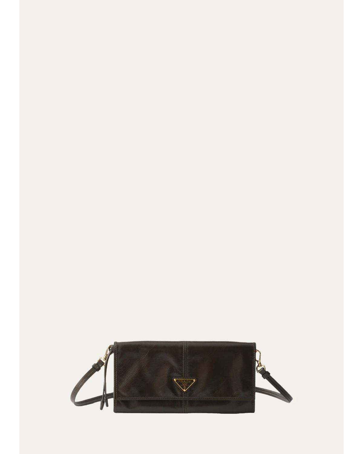 Prada Leather Wallet With Shoulder Strap In Forest