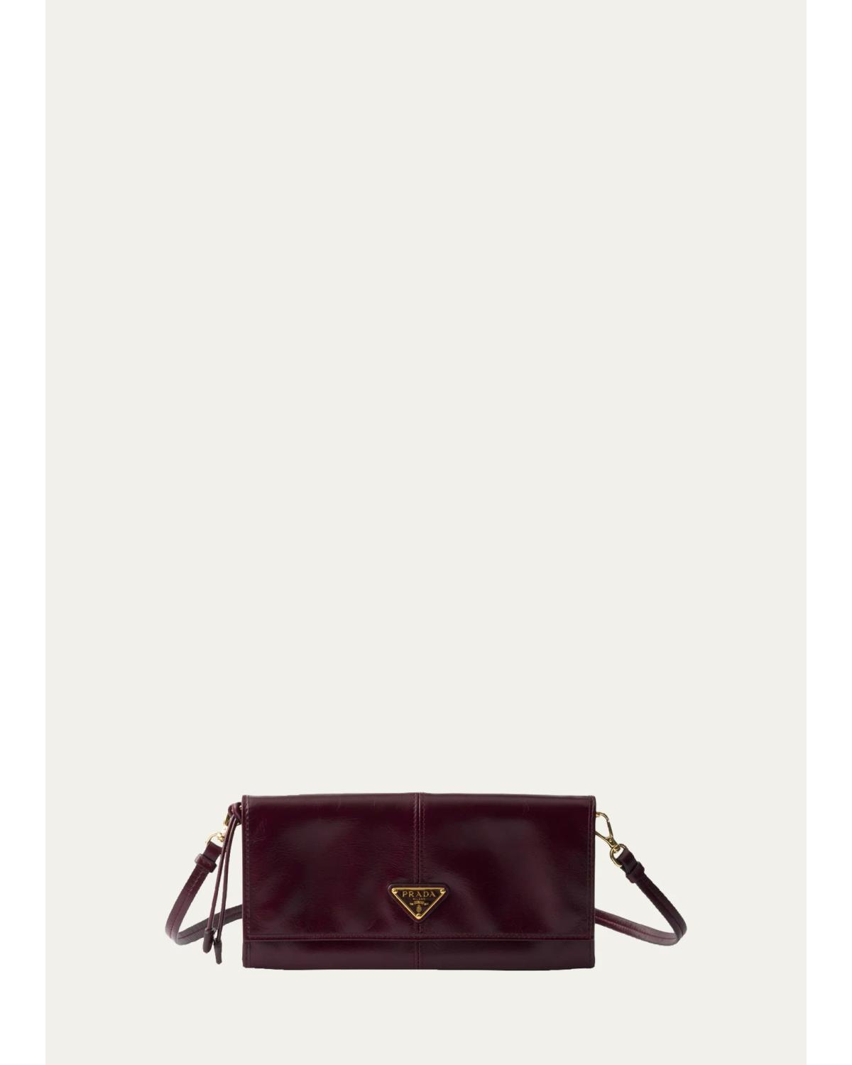 Prada Leather Wallet With Shoulder Strap In Burgundy