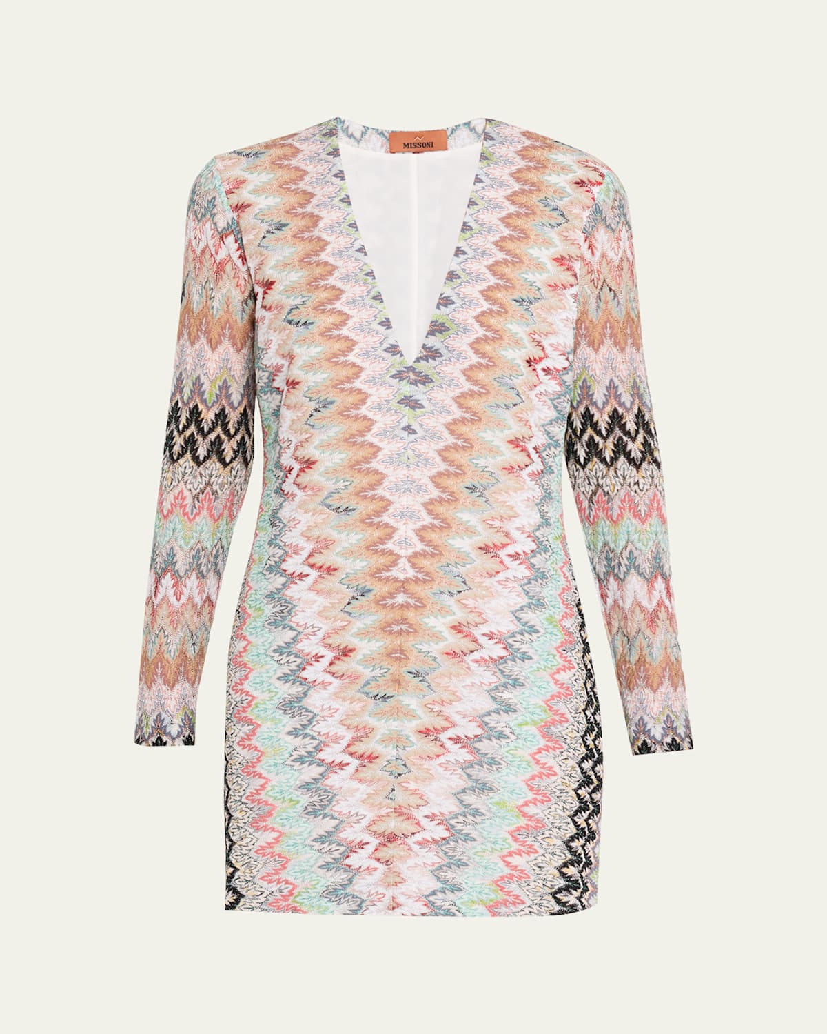 Missoni Plunging Metallic Zigzag Long-sleeve Mini Dress In Gray