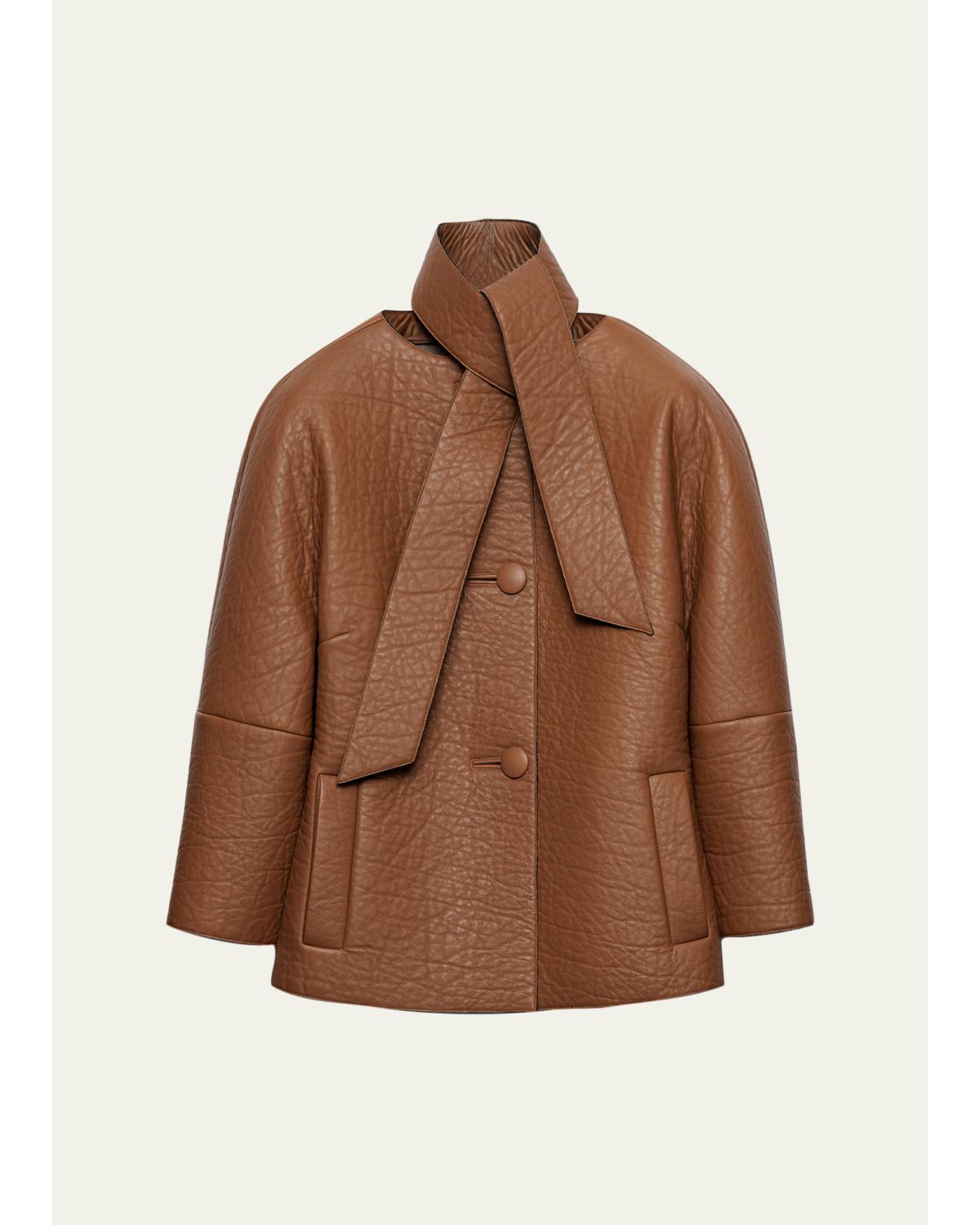 Scarf-Neck Leather Structured Jacket