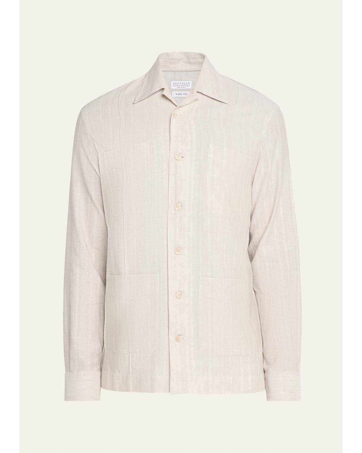 Men'S Cotton And Linen Stripe Button-Down Shirt