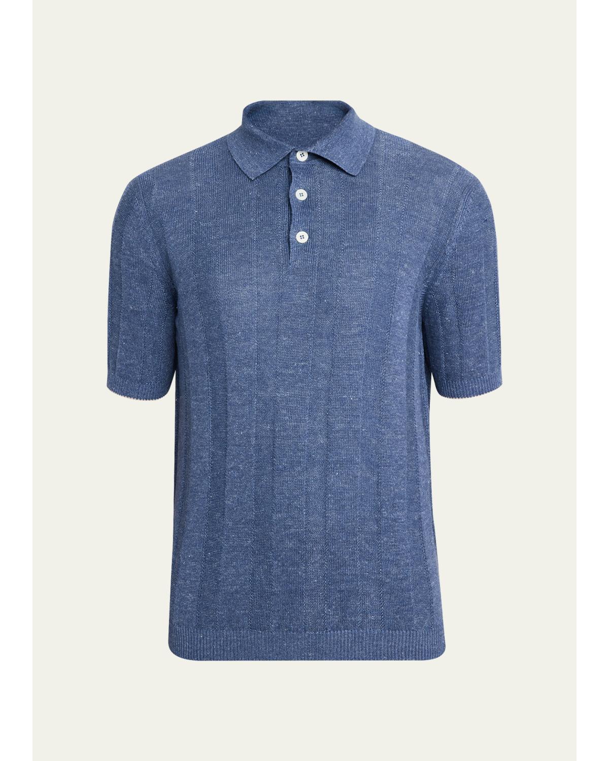 Men'S Linen And Cotton Ribbed Short-Sleeve Polo Sweater