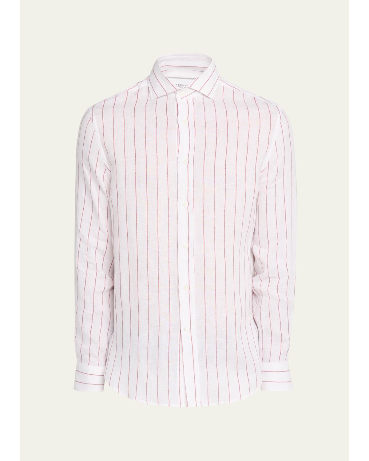 Men'S Linen Pinstripe Spread Collar Button-Down Shirt
