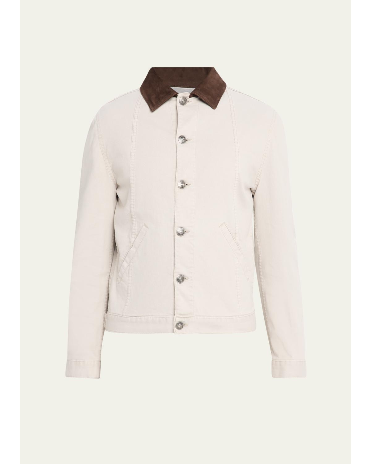 Men'S Garment-Dyed Denim Leather-Collar Shirt Jacket