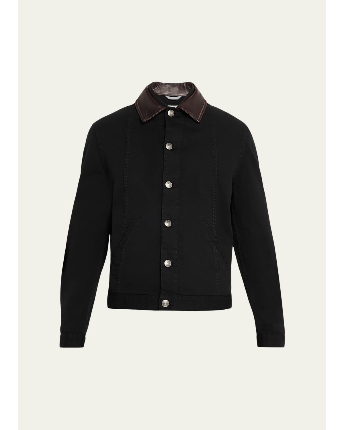 Men'S Garment-Dyed Denim Leather-Collar Shirt Jacket