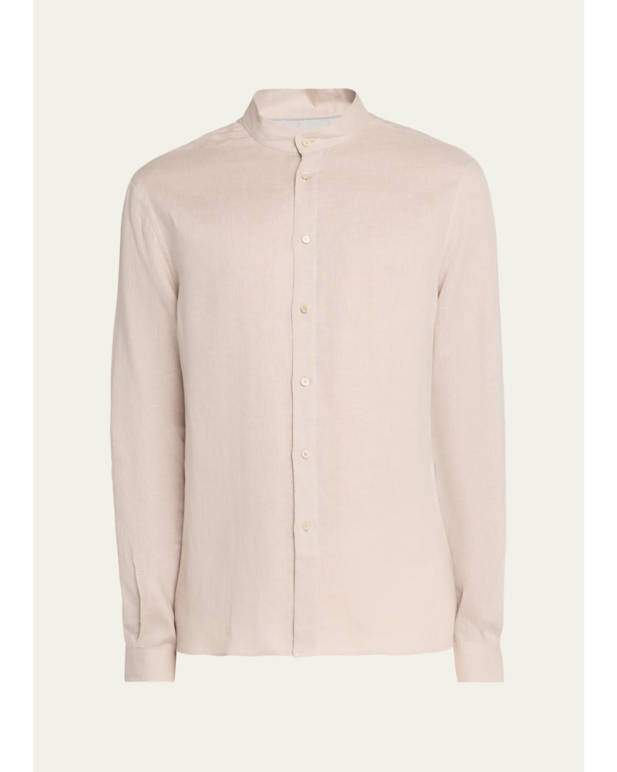Men'S Linen And Cotton Band Collar Button-Down Shirt