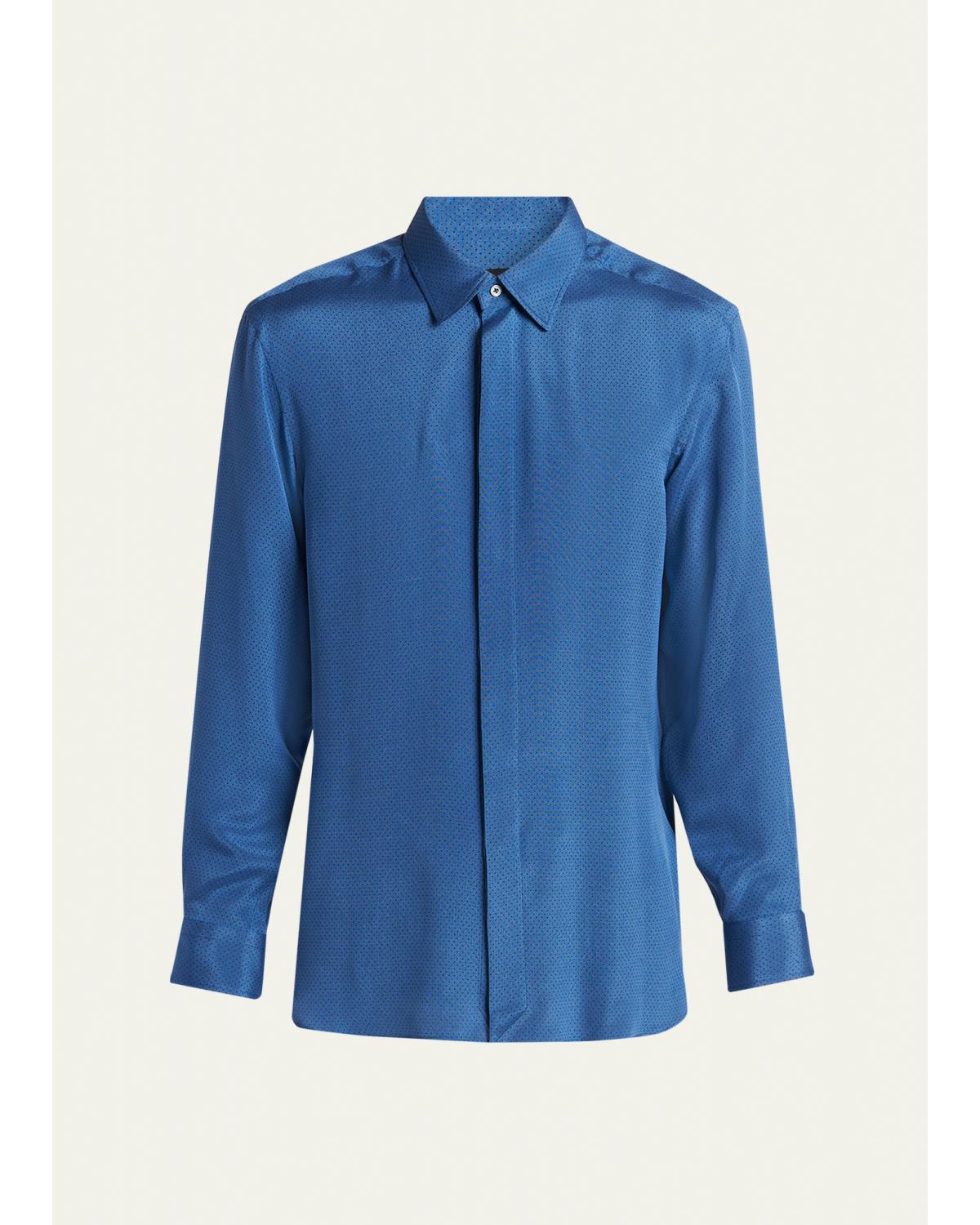 Men'S Silk Jacquard Micro-Dot Concealed-Placket Sport Shirt