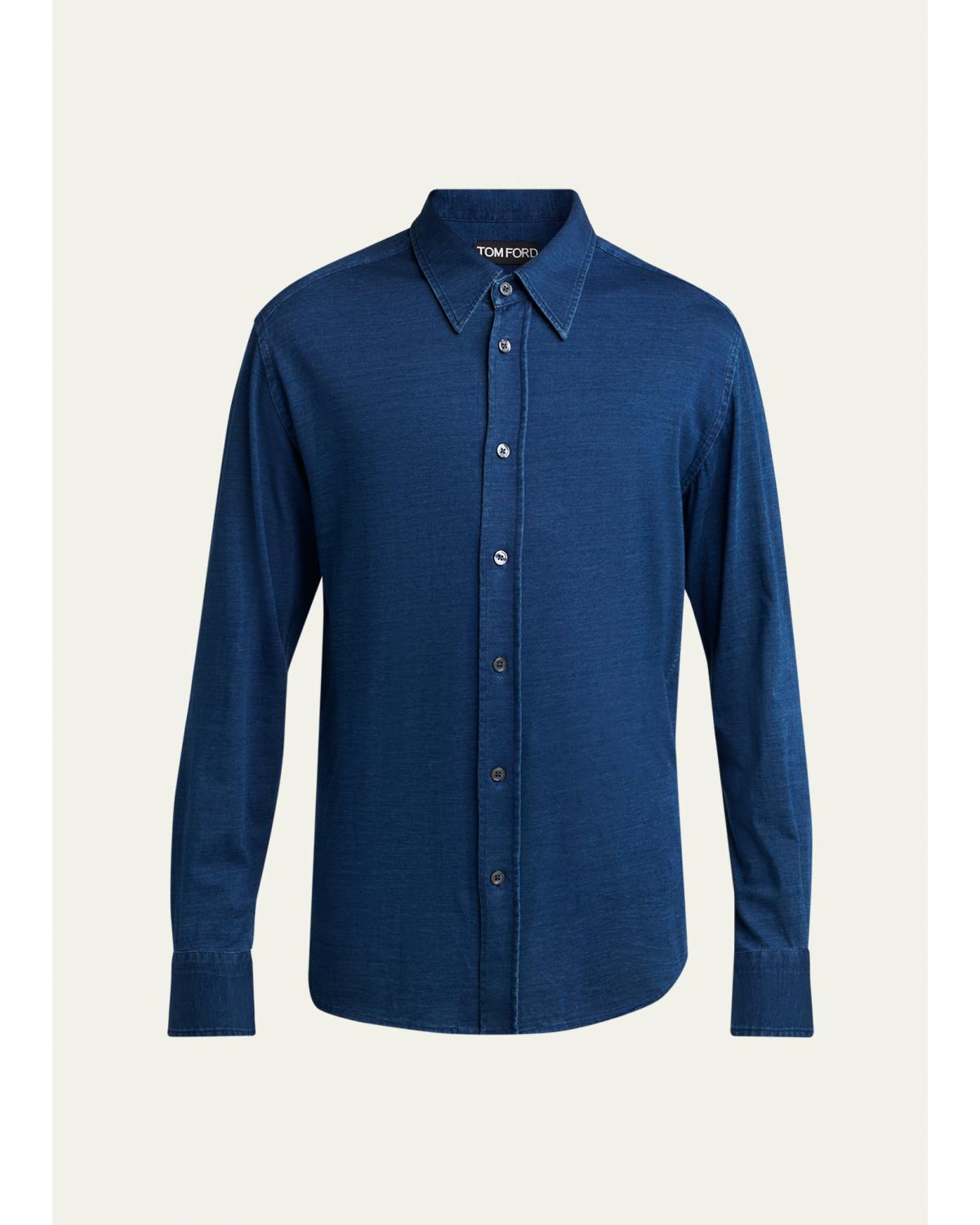 Men'S Cotton Denim Point-Collar Button-Down Shirt