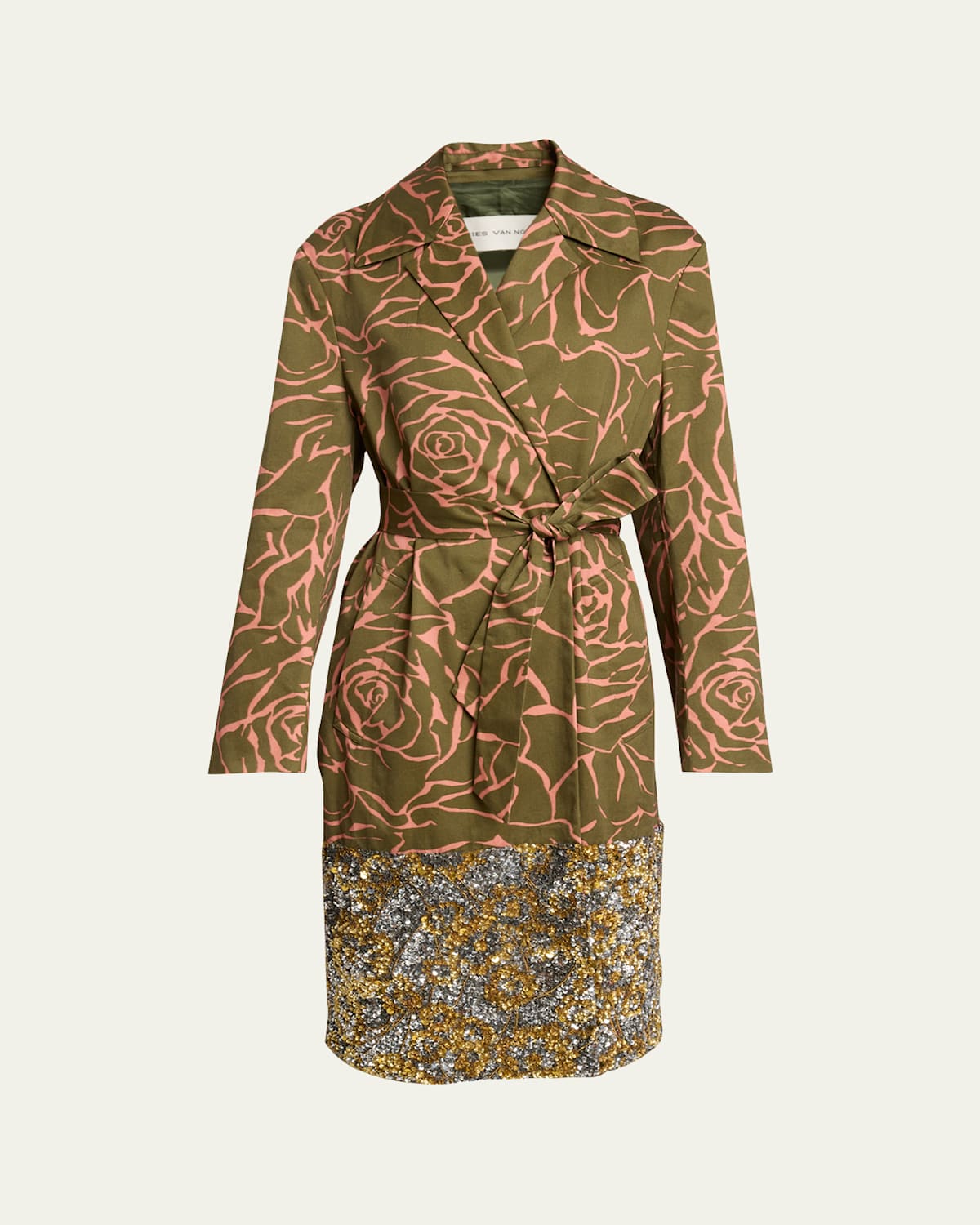 Dries Van Noten Roltas Sequined Rose-print Wrap Trench Coat In Brown