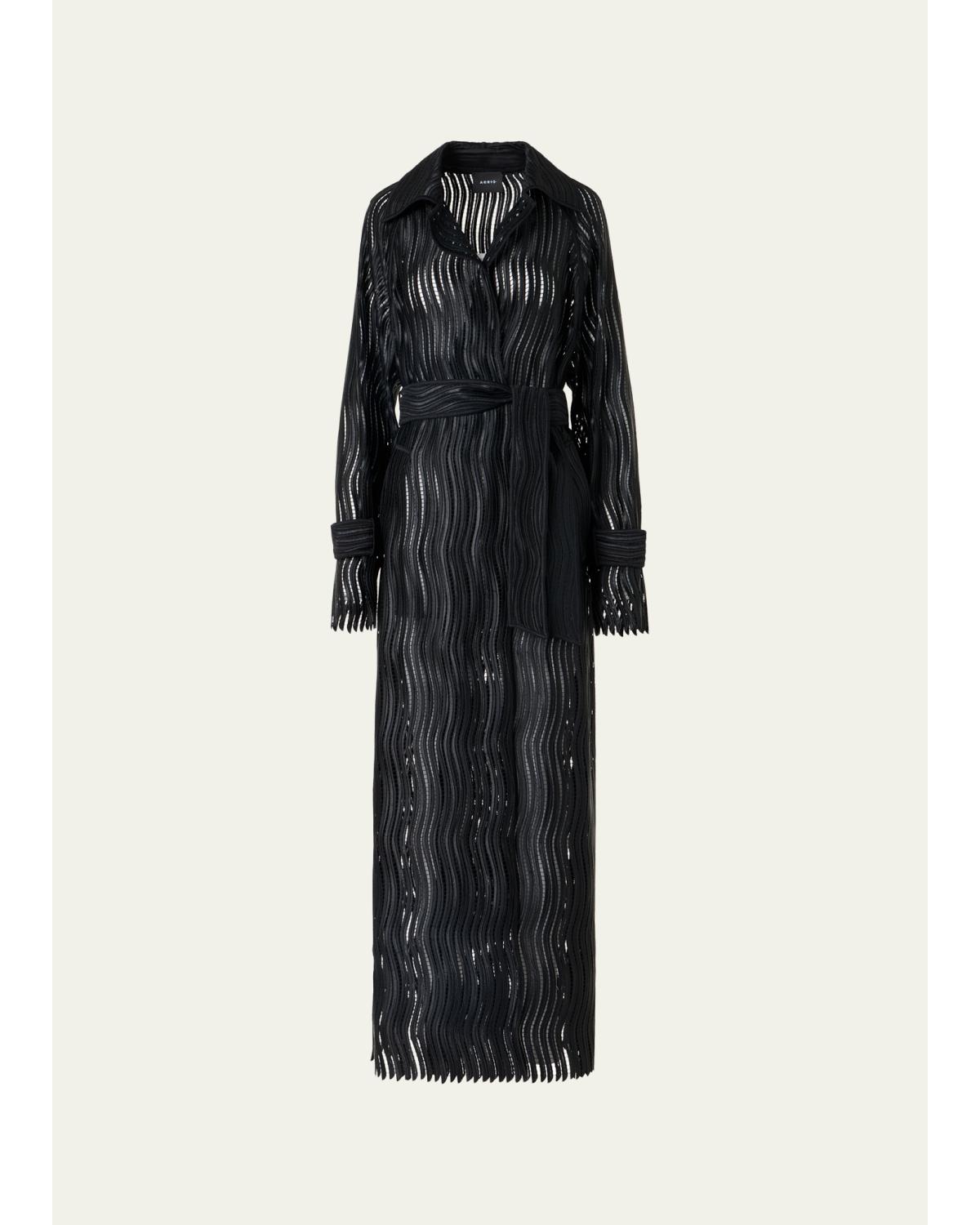 Wave Embroidered Single-Breasted Long Coat