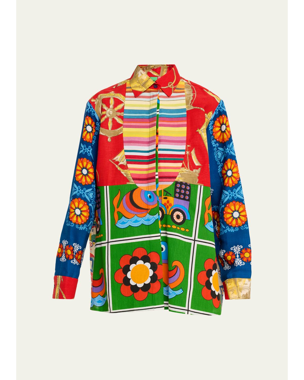 Mixed-Print Bib Button-Down Shirt