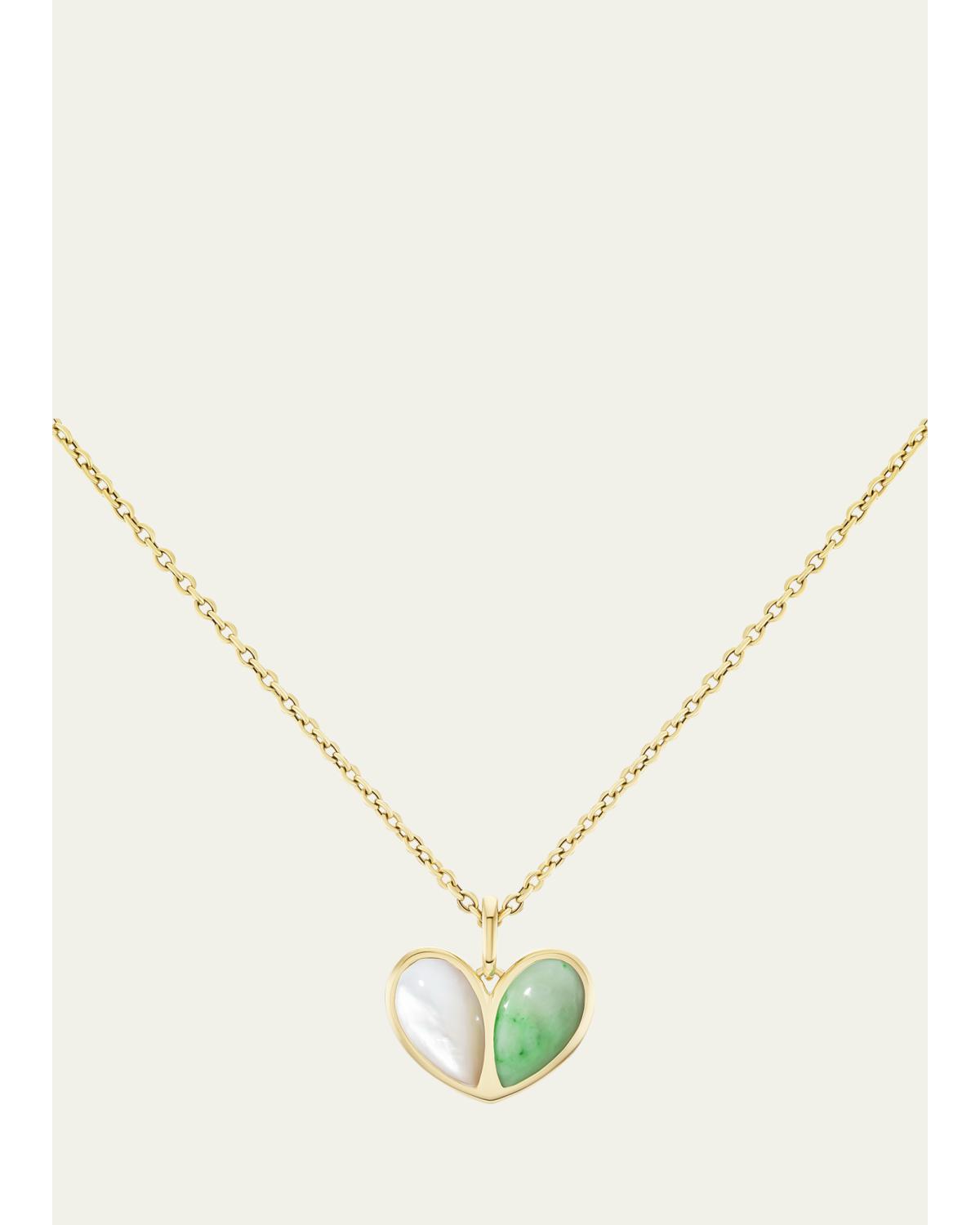 18K Yellow Gold Sweetheart Mother of Pearl and Jade Necklace