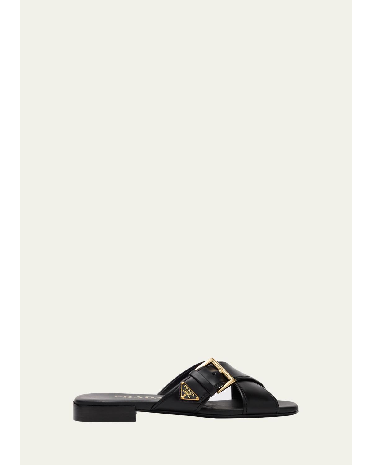 Triangle Logo Buckle Leather Slide Sandals