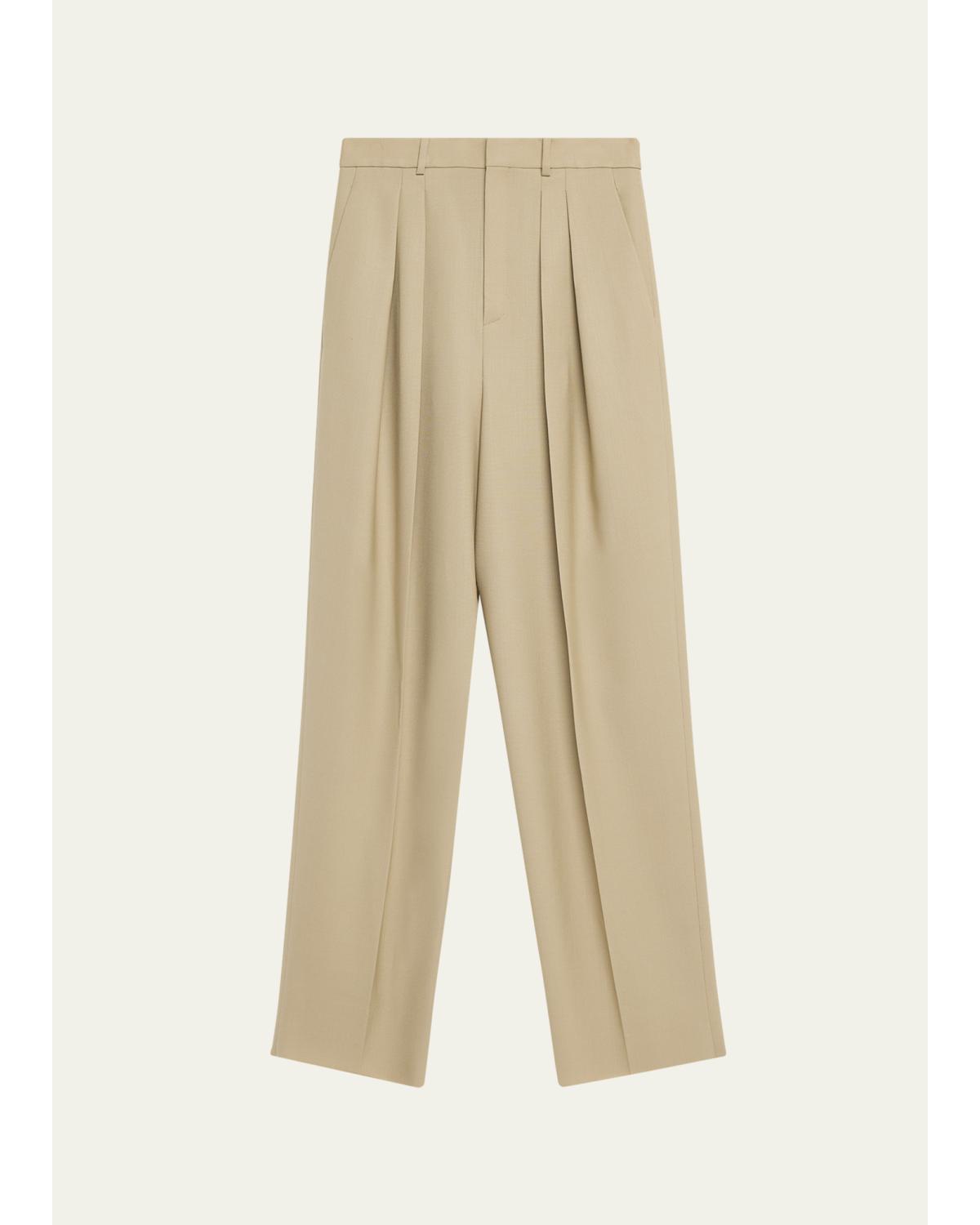 Pleated Wool-Silk Canvas Wide-Leg Pants
