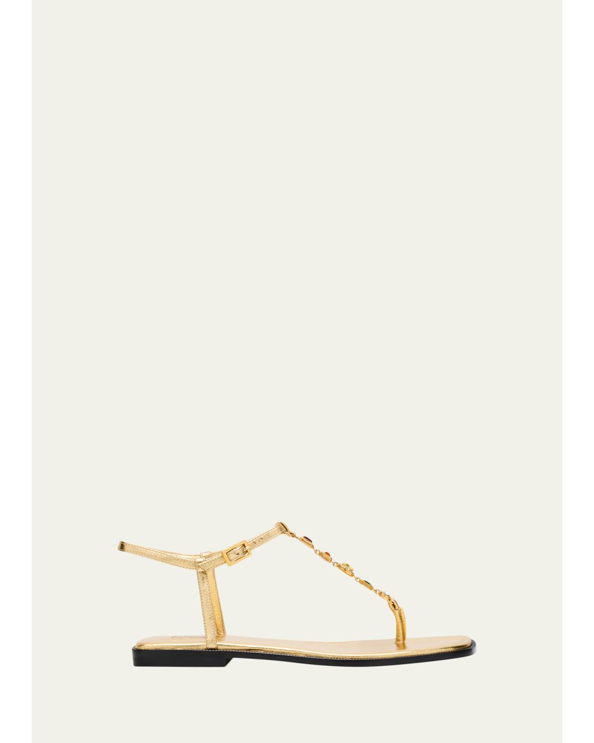 Embellished Metallic Leather Flat Sandals