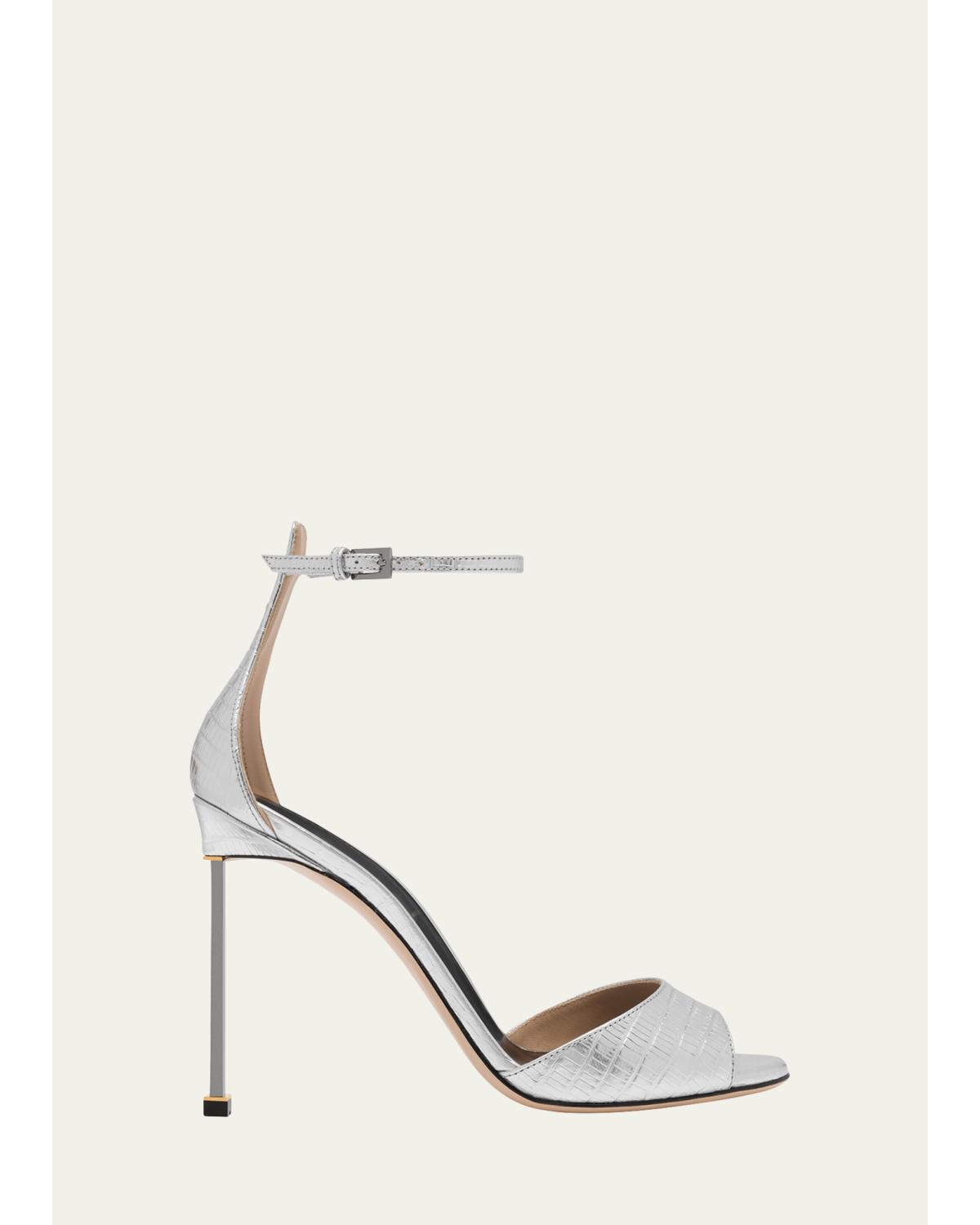 105Mm Embossed Metallic Leather Ankle-Strap Sandals