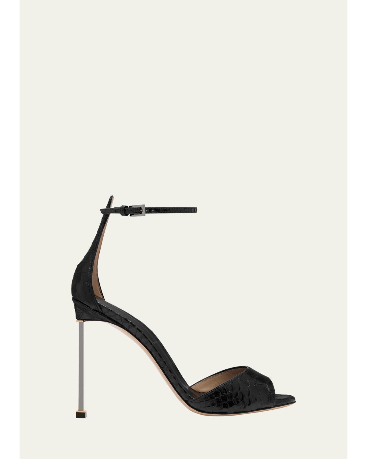 105Mm Croc-Embossed Leather Ankle-Strap Sandals