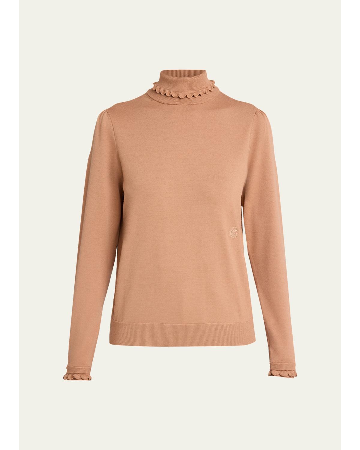 Ruffle-Edge Merino Wool Turtleneck Sweater