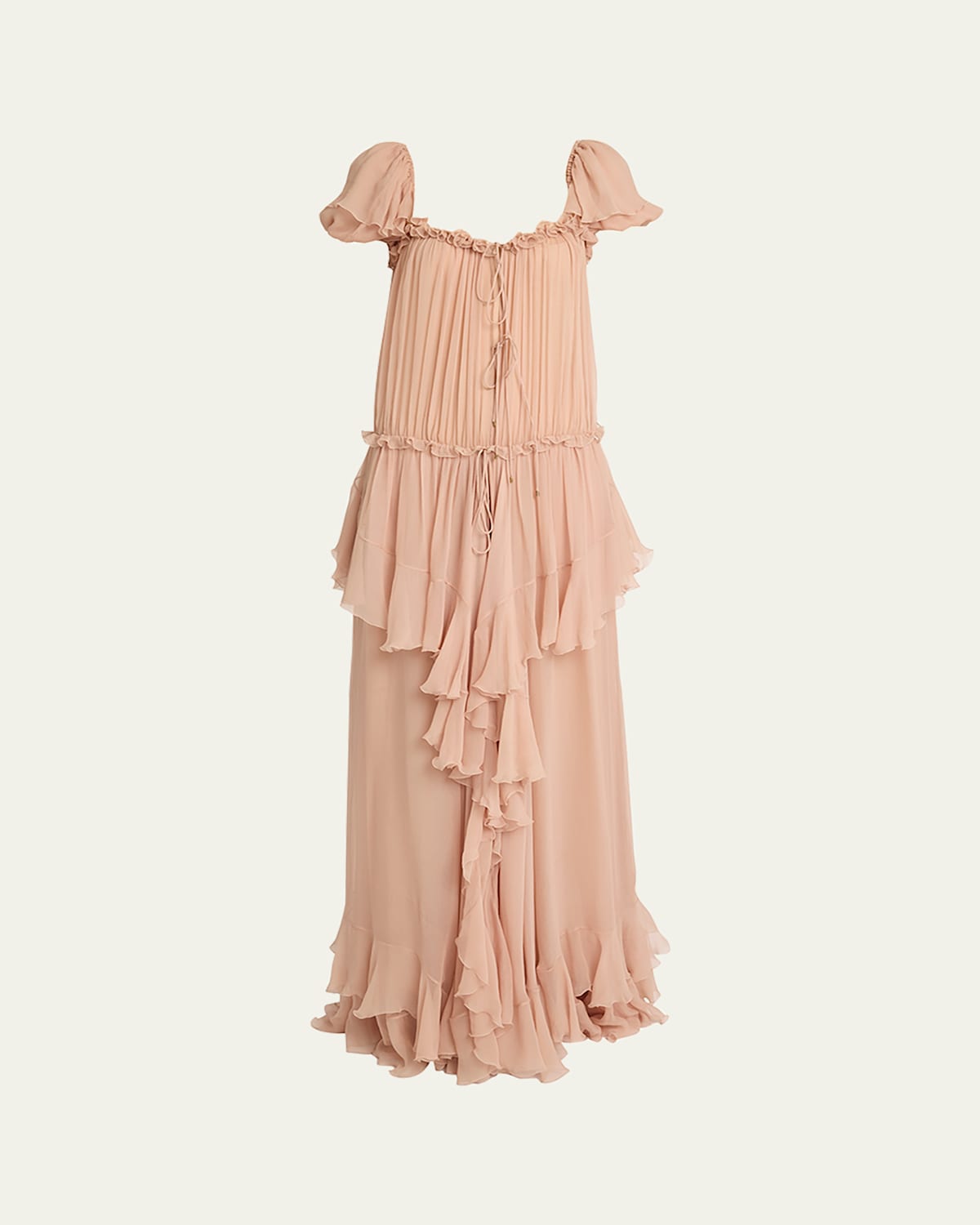 Chloé Gathered Ruffle Organic Silk Mousseline Gown In Pink
