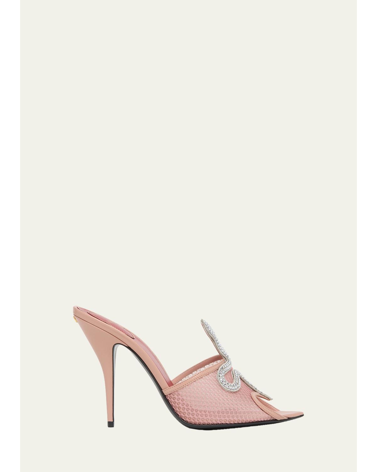 105mm Embellished Snake Leather Mesh Mule Pumps