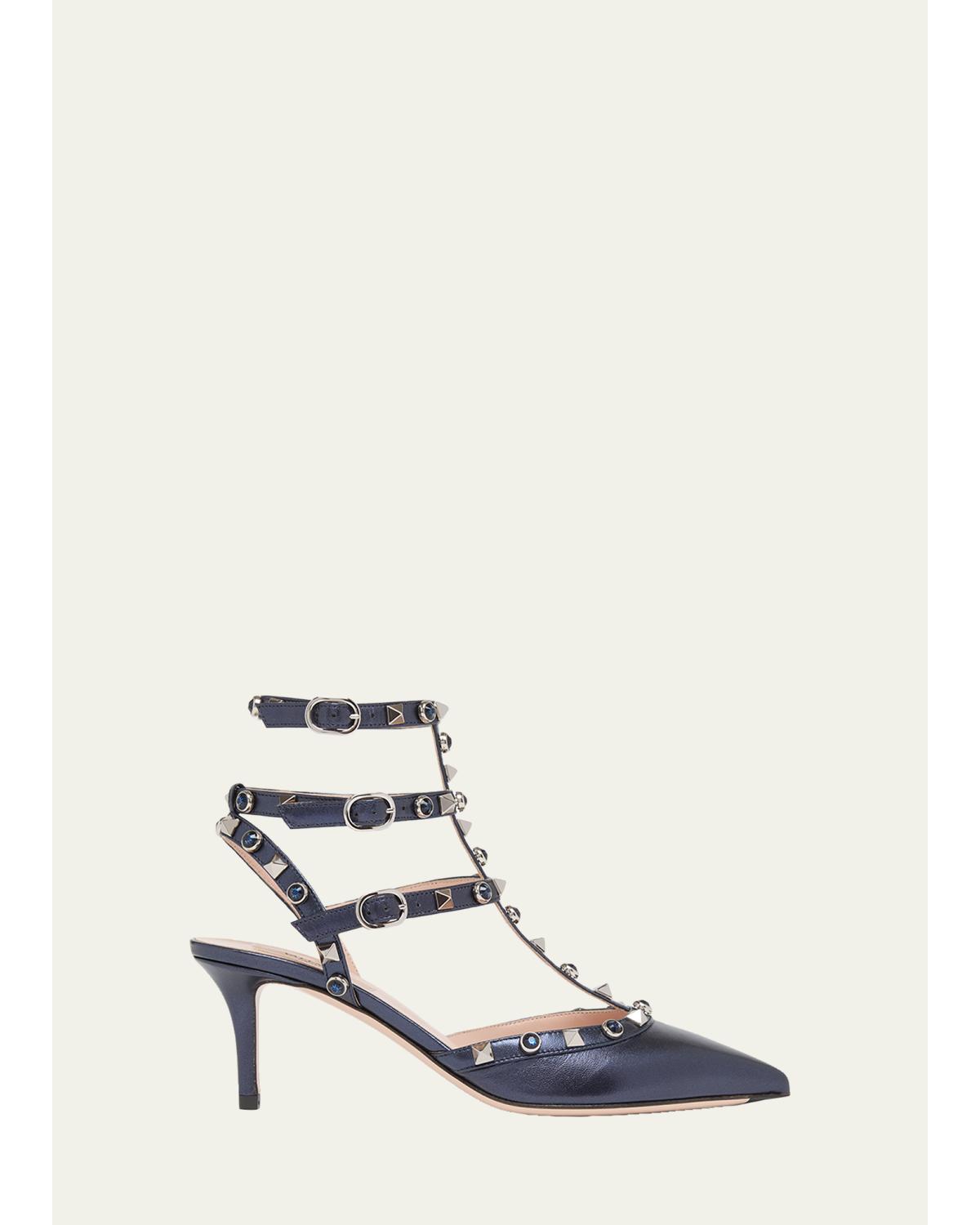 65Mm Rockstud Metallic Leather Ankle-Strap Pumps