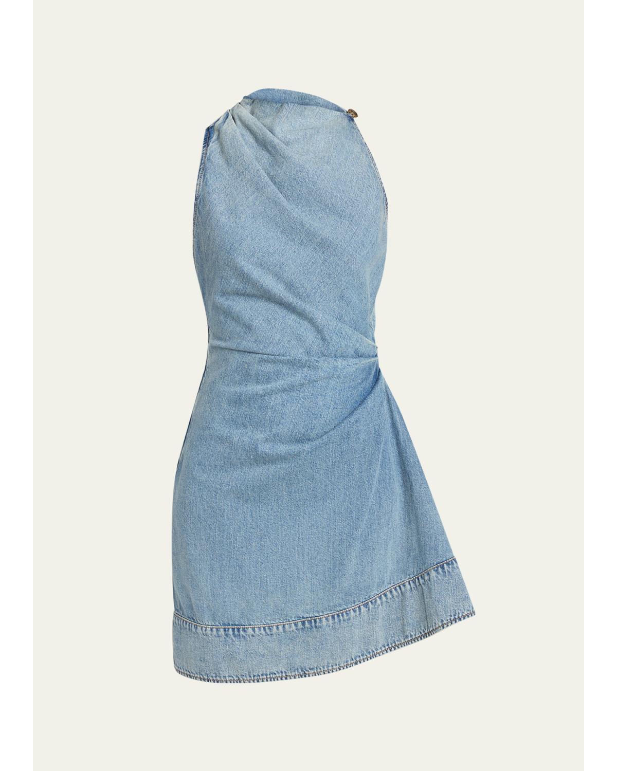 Pleated Denim Halter Mini Dress