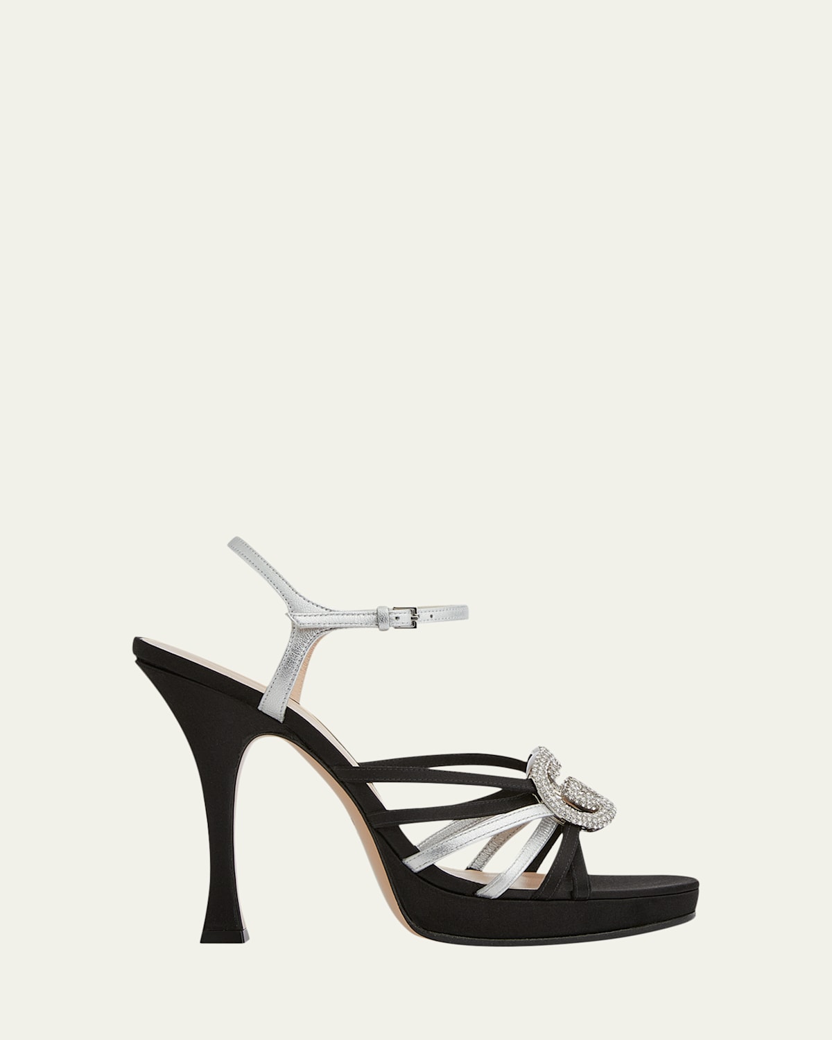 Gucci 105mm Crystal Interlocking G Mixed Leather Platform Sandals In Black/silver